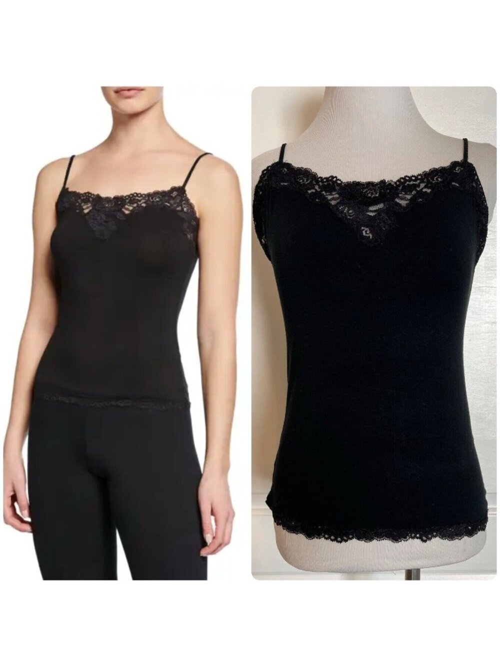 Josie Natori Lace Trim Camisole Spaghetti Strap Tank Top Black Stretch Modal L